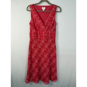 Ann Taylor LOFT Dress Womens 6 Red White Botanical V-Neck Pleated Empire Waist